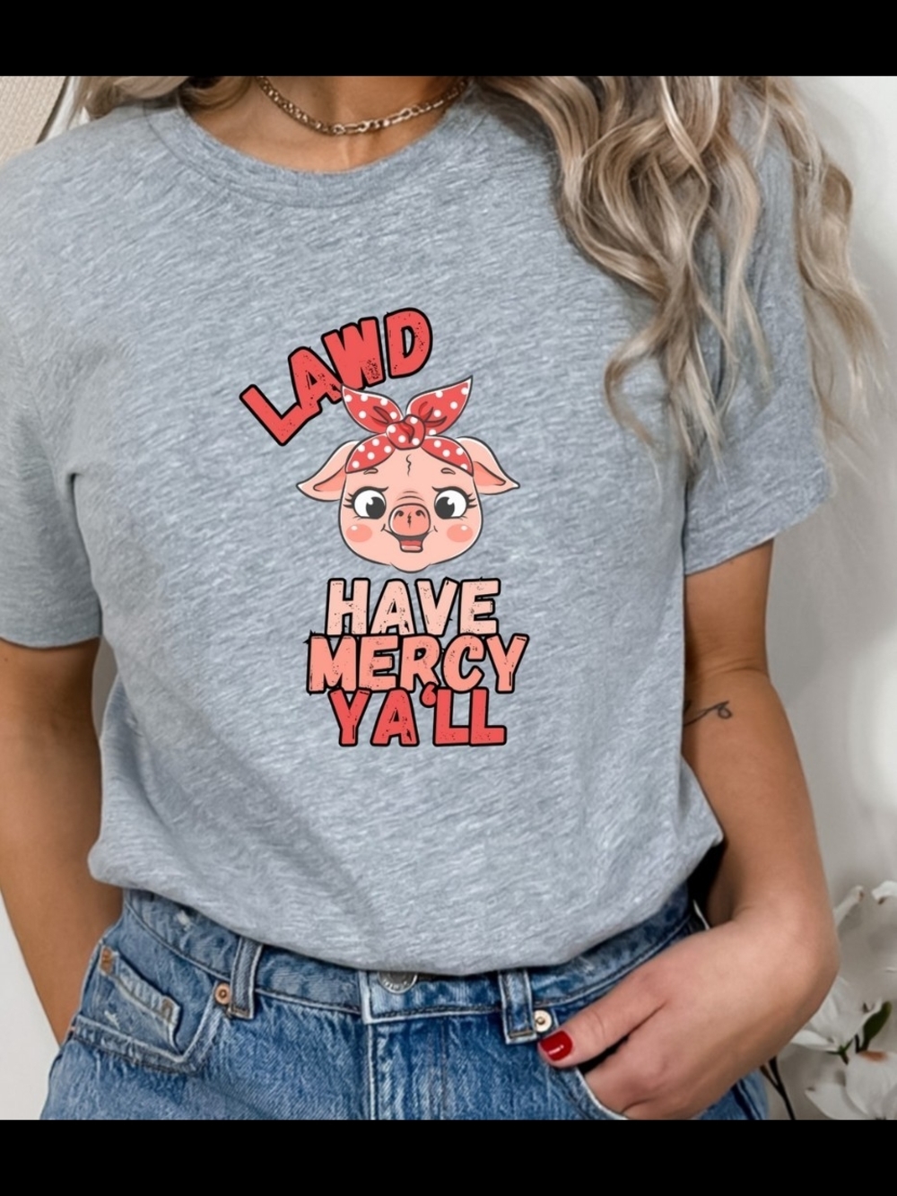 Have Mercy Y'all Pig Graphic Tee - Light Gray